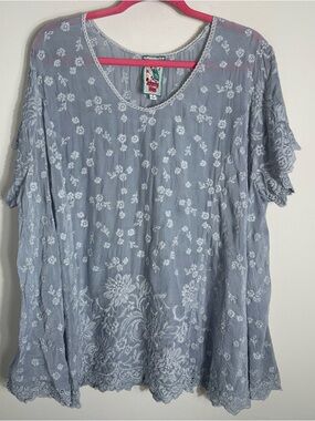 Johnny Was Audrey Short Sleeve Embroidered Blouse-Cupra Rayon-Gray Blue-1X
